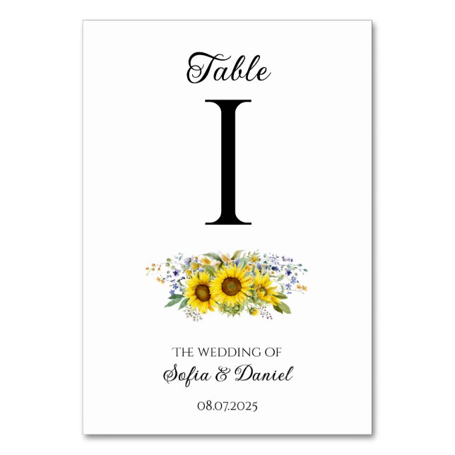 Solrosolja (blåvitblomma) bröllop bordsnummer (Framsidan)