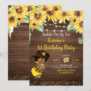 Solrosolja Cowgirl rustic Afro Girl Baby Shower In Inbjudningar