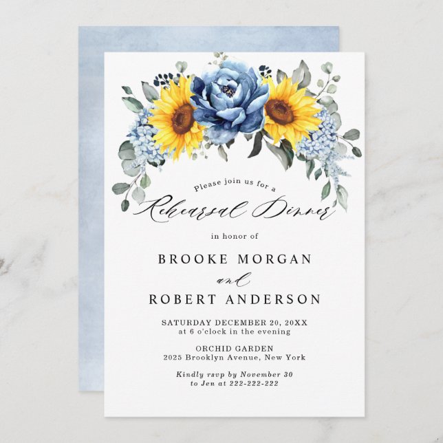 Solrosolja Dusty Blue Slate Peony Rehearsal Dinner Inbjudningar (Fram/baksida)