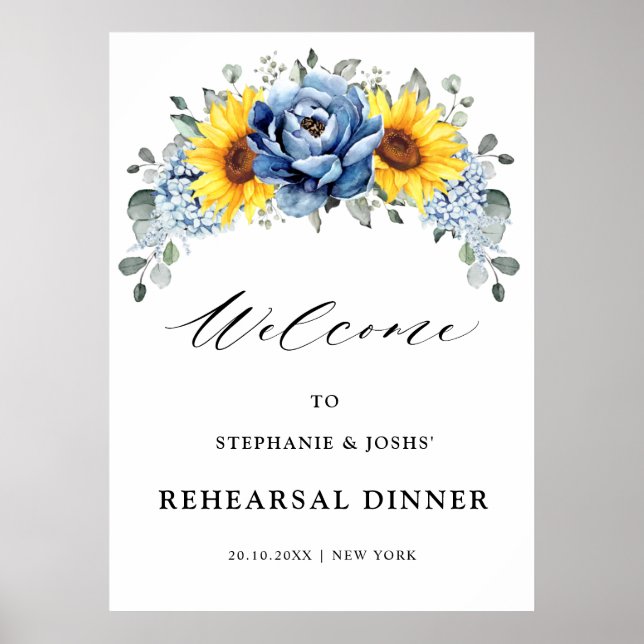 Solrosolja Dusty Blue Slate Peony Rehearsal Dinner Poster (Framsidan)