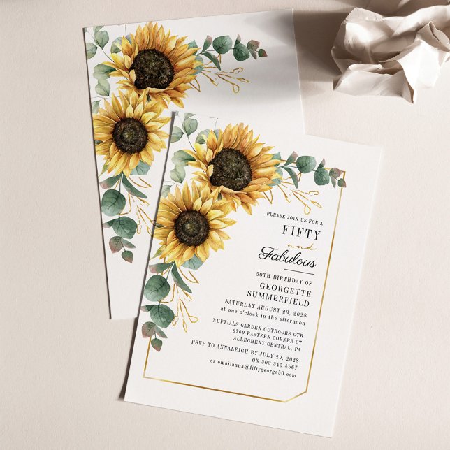 Solrosolja Eucalyptus 50:e födelsedagsinbjudan (Sunflower Eucalyptus 50th Birthday Party Invitation Stationery)