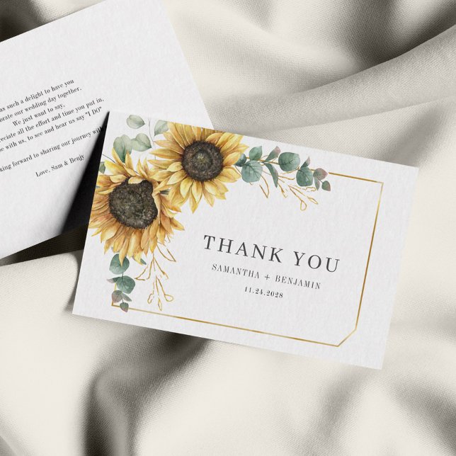 Solrosolja Eucalyptus Blommigt Bröllop - tackkort Anteckningskort (Sunflower Eucalyptus Greenery Wedding Thank You Card)
