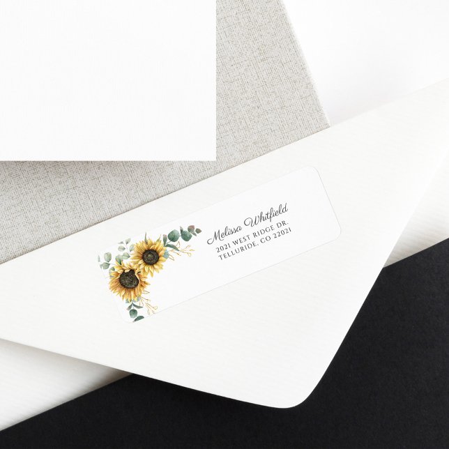 Solrosolja Eucalyptus Blommigt Returadress Returadress Etikett (Floral Sunflower Greenery Script Return Address Label)