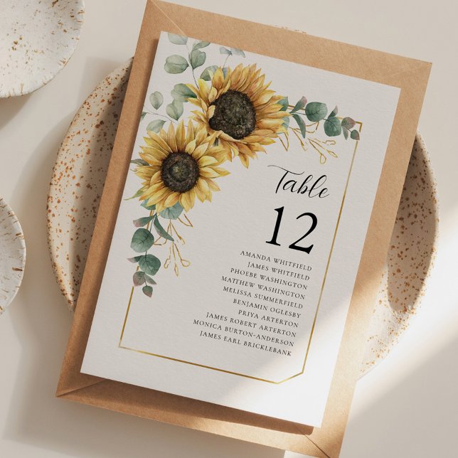 Solrosolja Eucalyptus Bordsnummer Bröllop Seating (Sunflower Eucalyptus Wedding Reception Table Number Card)