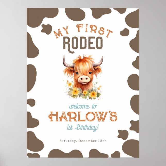 Solrosolja Highland Cow My First Rodeo 1st Birthda Poster (Framsidan)