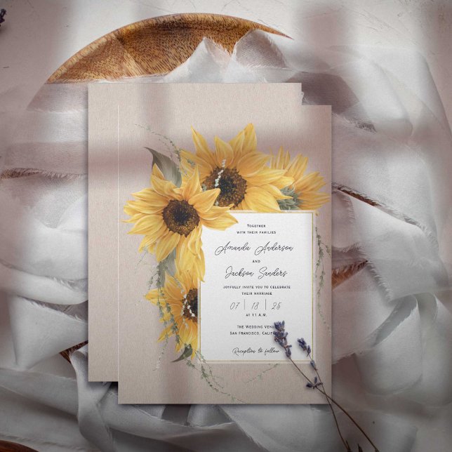 Solrosolja, Land lada rustic bröllop Inbjudningar (COuntry watercolor Sunflower themed, barn rustic wedding invitations.)