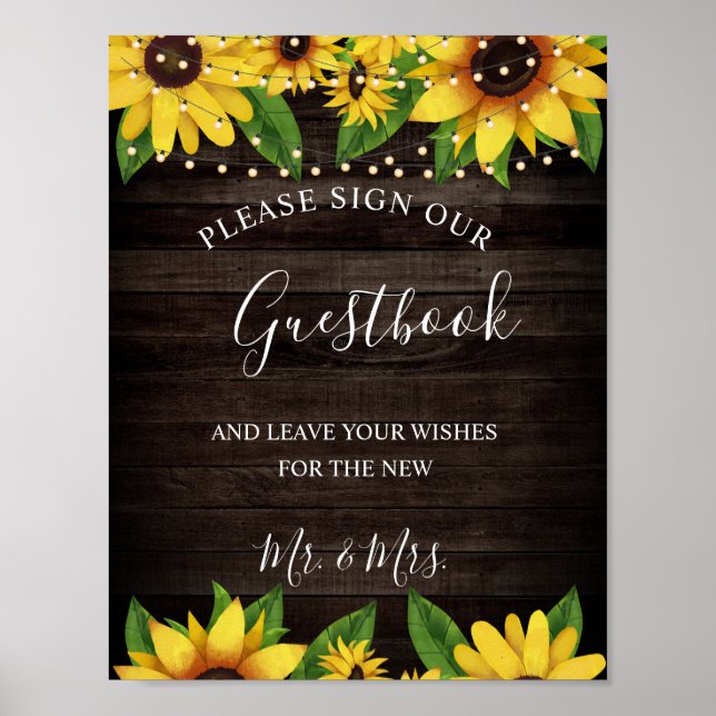 Solrosolja Rustic Wood String Bröllop Guestbook Poster (Framsidan)