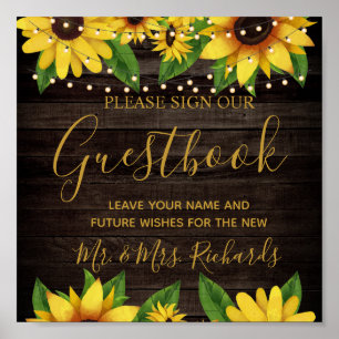 Solrosolja Rustic Wood String Bröllop Guestbook Poster