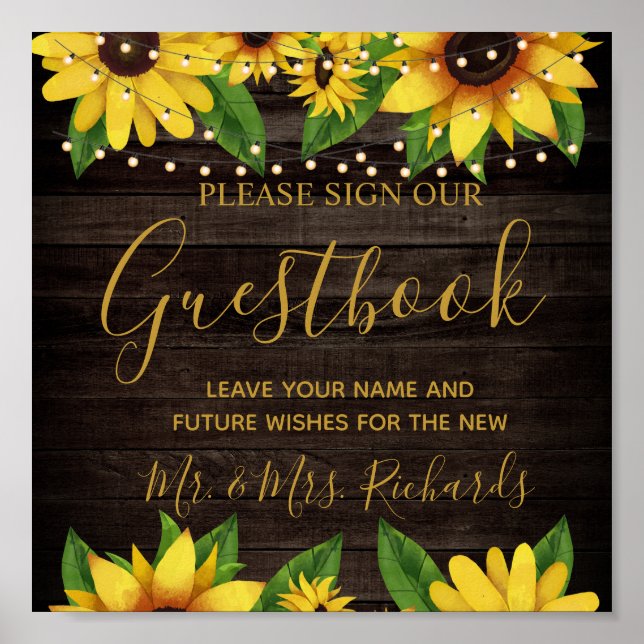 Solrosolja Rustic Wood String Bröllop Guestbook Poster (Framsidan)