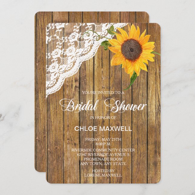 Solrosolja Snöre Wood Blommigt Möhippa Inbjudningar (Fram/baksida)