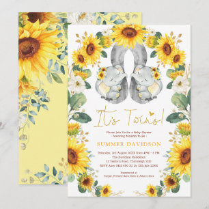 Solrosolja Twin Elephant Baby Shower Gult Blommigt Inbjudningar