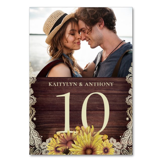 Solrosolja Wood Ivory Snöre Photo Bröllop Bordsnummer (Framsidan)