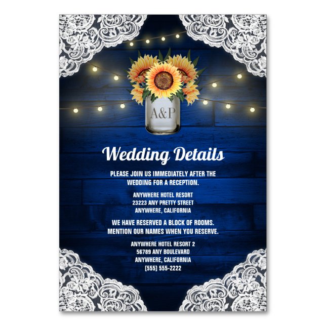 Solrosolkort Mason Burk Blue Wood Bröllop Infoga k Bordsnummer (Framsidan)