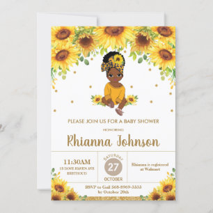 Solrosolycka African American Girl Baby Shower Inbjudningar