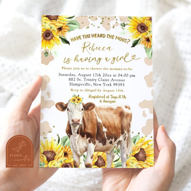 Solrosommar Kow Farm Girl Baby Shower Inbjudningar (Skapare uppladdad)