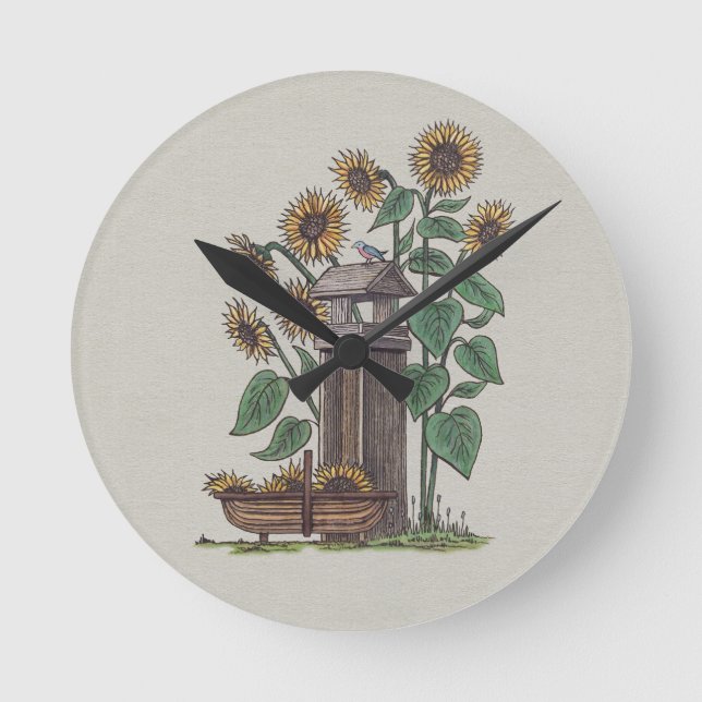 Solrosor Birdfeeder & blåttfågel Rund Klocka (Framsida)
