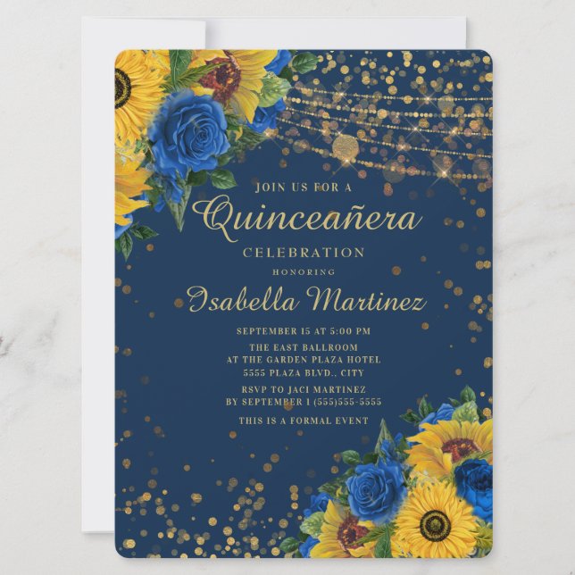 Solrosor Blå Rosor Guld Glitter Quinceanera Inbjudningar (Framsida)