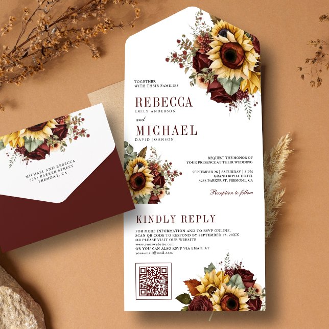 Solrosor Burgundy Blommig QR-kod Bröllop (Skapare uppladdad)