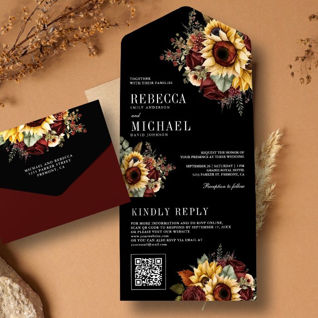 Solrosor Burgundy Blommor QR-kod Svart Bröllop (Skapare uppladdad)