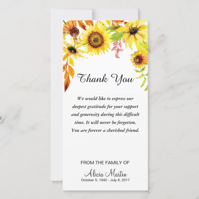 Solrosor för vattenfärg för sympatitack minnes- tack kort (Framsida)