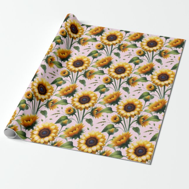 Solrosor Gula Blommor Elegant Akvarell  Presentpapper (Utrullad)