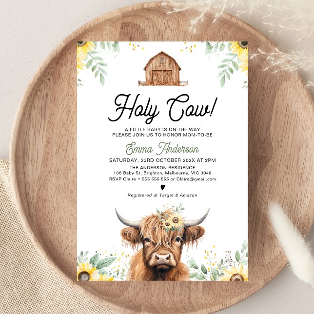 Solrosor Highland Ko Holy Cow Baby Shower Inbjudningar (Holy Cow Baby Shower Invitation, Gender Neutral Baby Shower Invite, Highland Cow, Yellow Sunflowers )