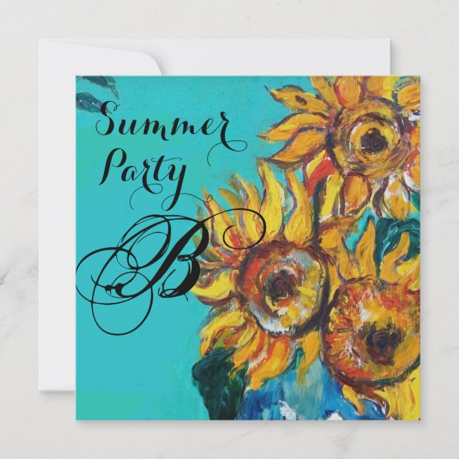 SOLROSOR I BLÅ TURKOS SOMMARPARTY MONOGRAM INBJUDNINGAR (Framsida)