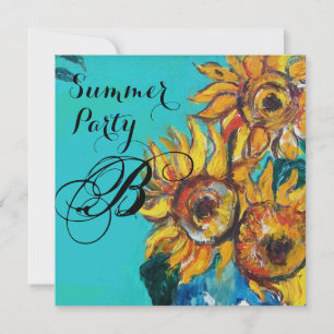 SOLROSOR I BLÅ TURKOS SOMMARPARTY MONOGRAM INBJUDNINGAR