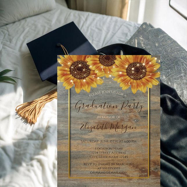 Solrosor,Ljus, Trä, Guld Ram Examen  Inbjudningar (Skapare uppladdad)