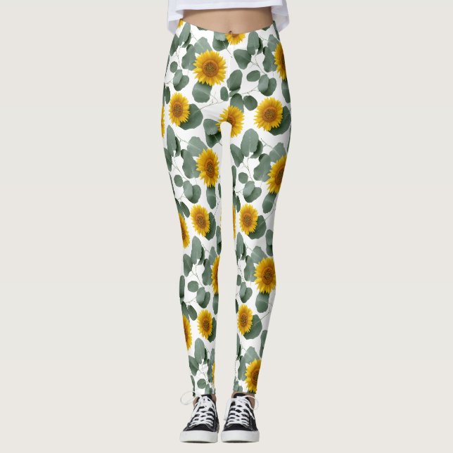 Solrosor med Eukalyptusbladsmönster Leggings (Framsida)