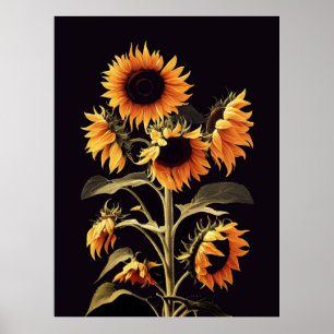 SOLROSOR MED GRÖNA BLAD I SVART POSTER