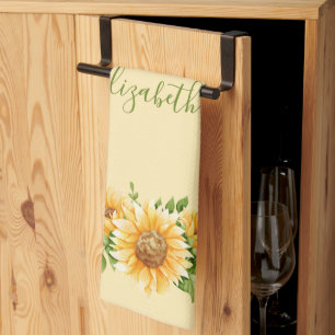 Solrosor med monogram gula gröna blommor blommor  kökshandduk