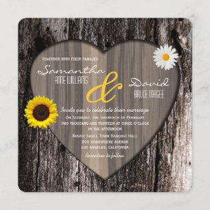 Solrosor och Daisy Bröllop från Rustic Träd Heart Inbjudningar