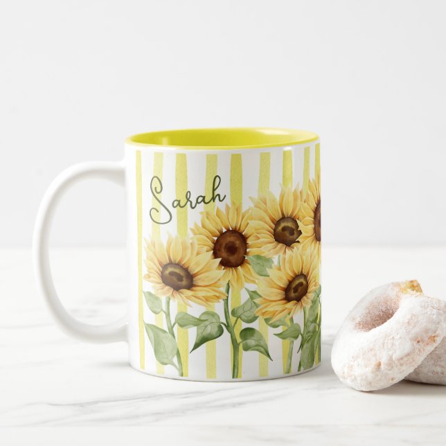 Solrosor och gula ränder 11oz kaffemugg (Med munk)