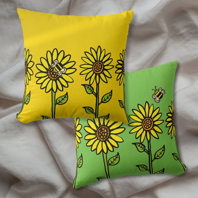 Solrosor och humla Ljust glada Kudde (Sunflowers and Bumble Bee Bright Happy Throw Pillow)