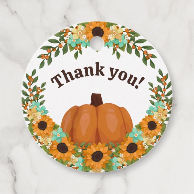 Solrosor & Orange Pumpkin Tack Gåvor Etiketter (Framsida)