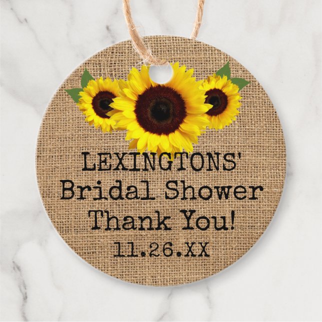 Solrosor på jute Bröllopsdusch för hösten Tacksamh Gåvor Etiketter (Framsida)