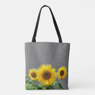 Solrosor på svart och vit schackmönstrad totebag tygkasse