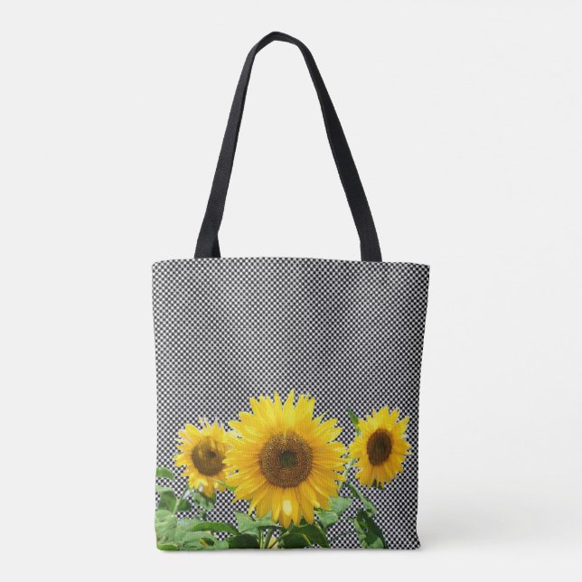 Solrosor på svart och vit schackmönstrad totebag tygkasse (Baksida)