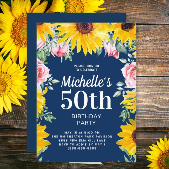 Solrosor Rosa Rosor Marinblå 50-årsdag Inbjudningar (Sunflowers and pink roses on navy blue 50th birthday party invitation)