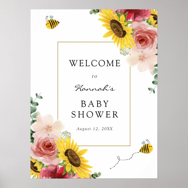Solrosor, Rosor och Bina Baby Shower Välkommen Poster (Framsidan)