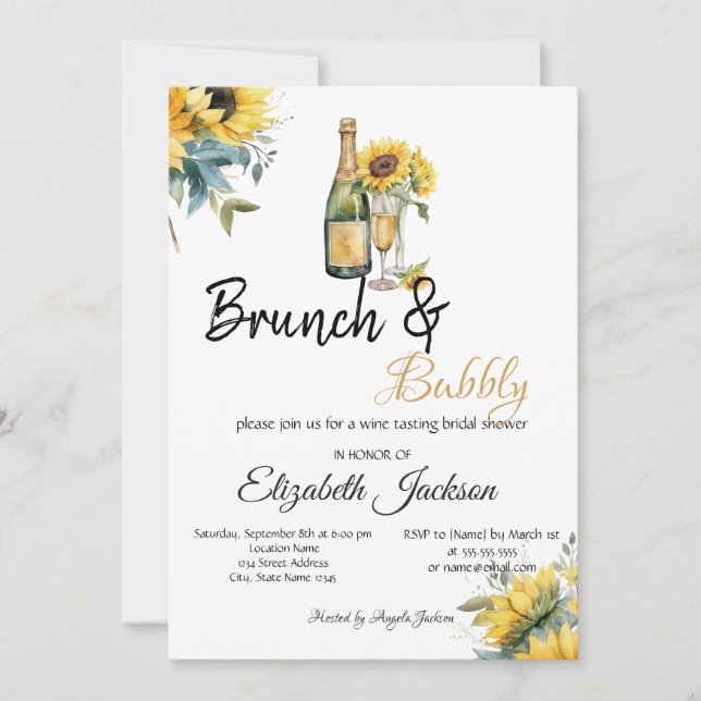 Solrosor Vin Brunch & Bubbly Bröllopsdusch Inbjudningar (Framsida)