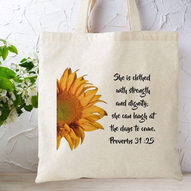 Solrosproverbs 31:25 Bible Verse-Anpassningsbar Tygkasse (Skapare uppladdad)