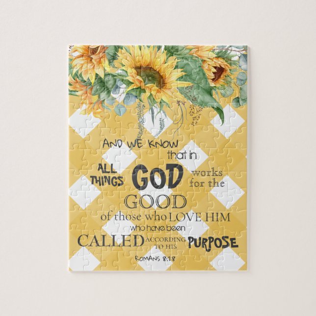 Solrosromer med vattenfärg 8:28 Bible Verse Pussel (Vertikal)