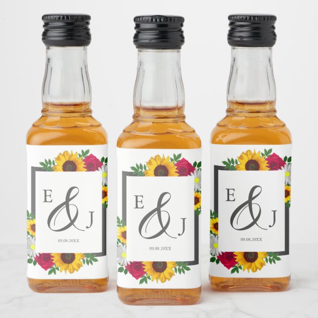Solrosrosdaisyhöstblomma bröllop spritflaskor etikett (Flaskor)