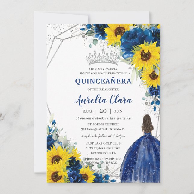 SolrosRoyal Blue Blommigt Princess Quinceañera Inbjudningar (Framsida)