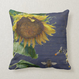 Solrosskript för Blommigten Bees Rustic Navy Wood Kudde