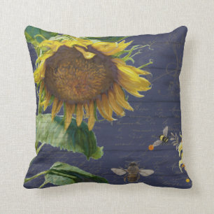 Solrosskript för Blommigten Bees Rustic Navy Wood Kudde