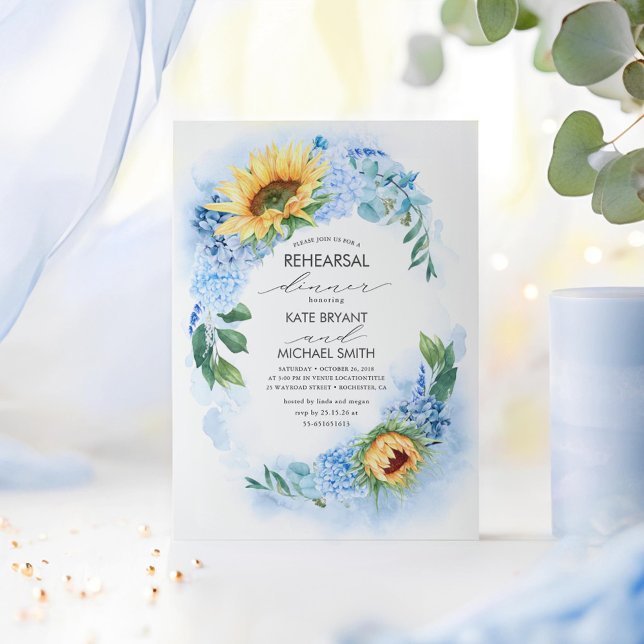 Solrossolblått Blommigt Rehearsal Middag Inbjudningar (Dusty Blue and Yellow Rehearsal Dinner Invitations)