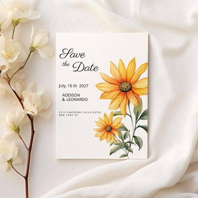 Solrossolens blommigt botanisk sommar Spara datum Inbjudningar (Sunflower floral botanical summer Save the Date )